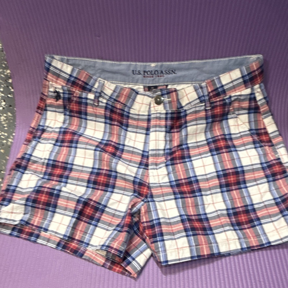 U.S. Polo Assn. Ladies Plaid Chino Shorts Size 15 Cotton Red/Blue/White Pockets
